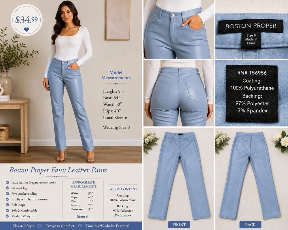 Boston Proper Light Blue Faux Vegan Leather Pants Women’s Size 6 Straight Leg